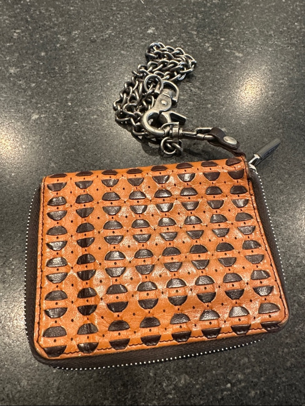 Miu Miu Vintage Brown Leather Zip Card Case with Chain and Clips